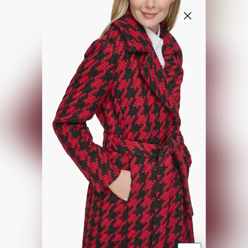 Karl Lagerfeld Red & Black Houndstooth Wool Blend Wrap Coat- LIKE NEW - Picture 15 of 16